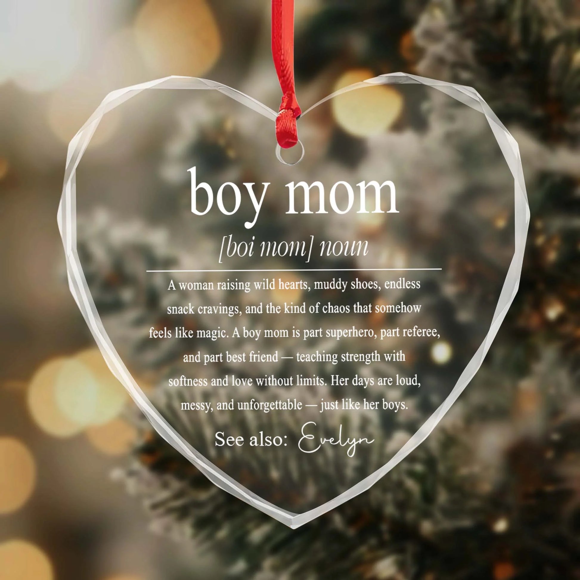 Boy Mom Heart Glass Ornament for Mom with personalized design details for meaningful gifting image 6
