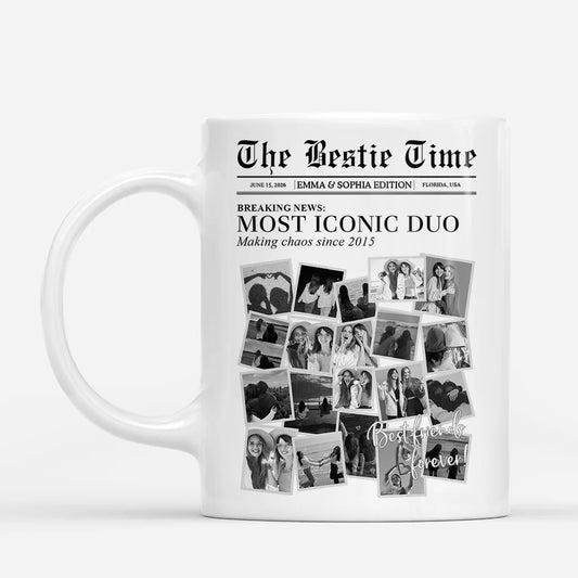 Personalized best friends photo mug with a custom newspaper layout and collage photos for a unique bestie gift