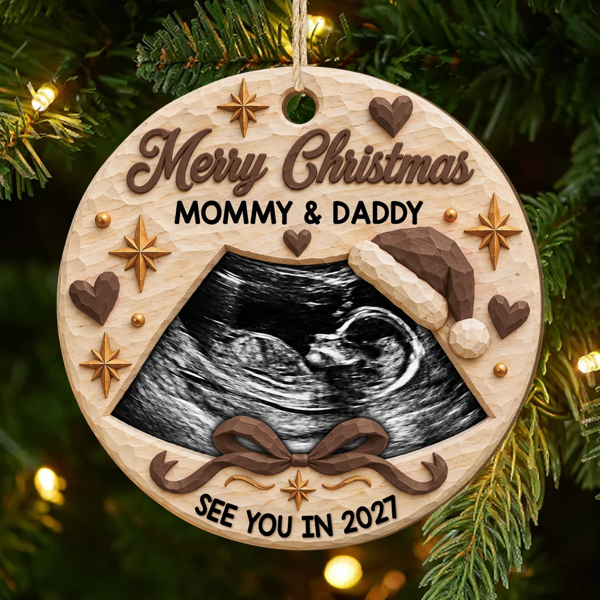 "Merry Christmas Mommy and Daddy" Personalized Sonogram Wooden Ornament - Keepsake for Expecting Parents