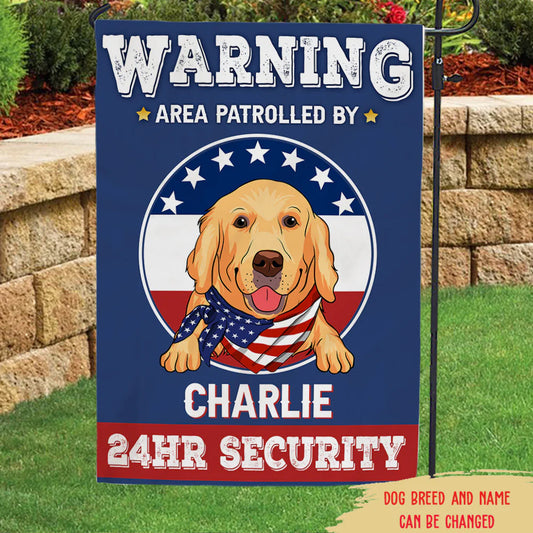 Personalized dog garden flag with Charlie the Golden Retriever and patriotic security warning for pet lovers