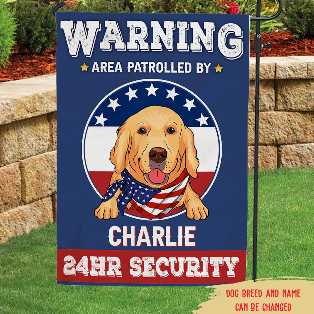 Personalized dog garden flag with Charlie the Golden Retriever and patriotic security warning for pet lovers