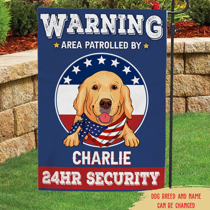 Personalized dog garden flag with Charlie the Golden Retriever and patriotic security warning for pet lovers