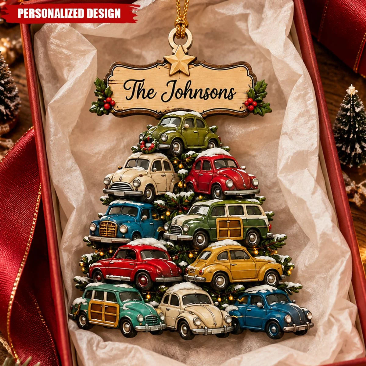 Vintage Car Tree Personalized Wooden Ornament - Retro Christmas Keepsake for Family