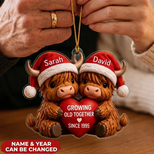 "Growing Old Together" Personalized Highland Cow Acrylic Ornament - Custom Christmas Gift for Couples