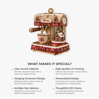 Gingerbread Coffee Machine Acrylic Ornament - Personalized Holiday Keepsake Gift for Bakers and Baristas