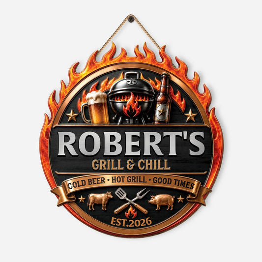 Grill & Chill Cold Beer Hot Grill Good Times - Personalized BBQ Patio Wood Sign Decor Gift