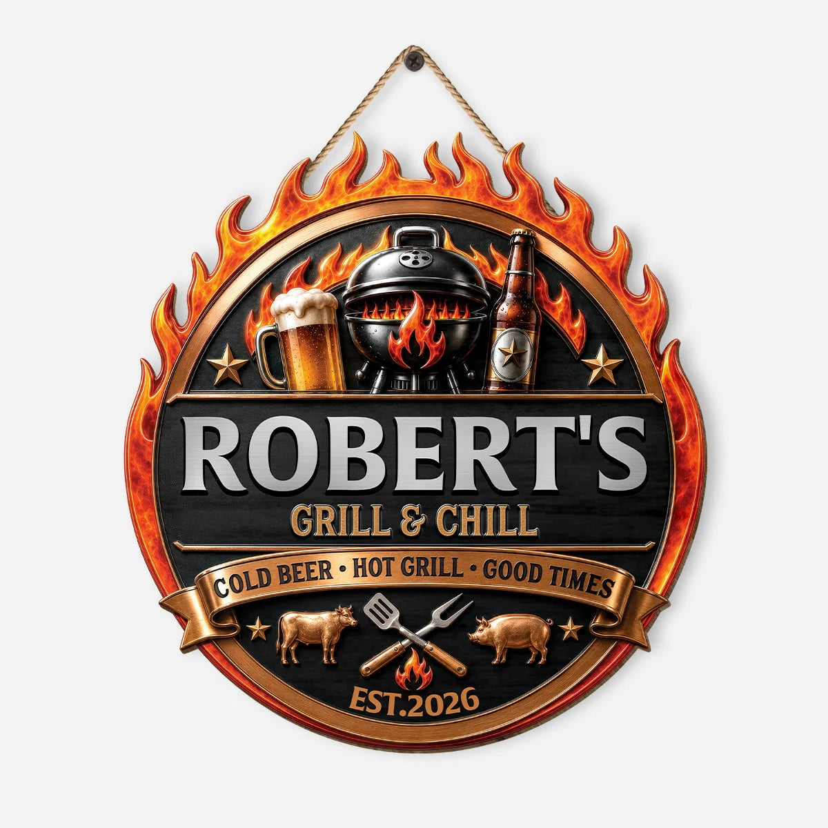 Grill & Chill Cold Beer Hot Grill Good Times - Personalized BBQ Patio Wood Sign Decor Gift