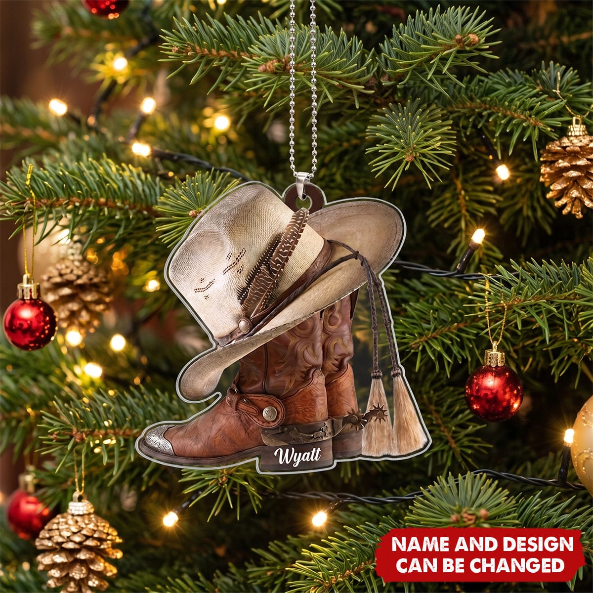 Western Cowboy Boots and Hat Personalized Acrylic Car Ornament - Custom Holiday Keepsake