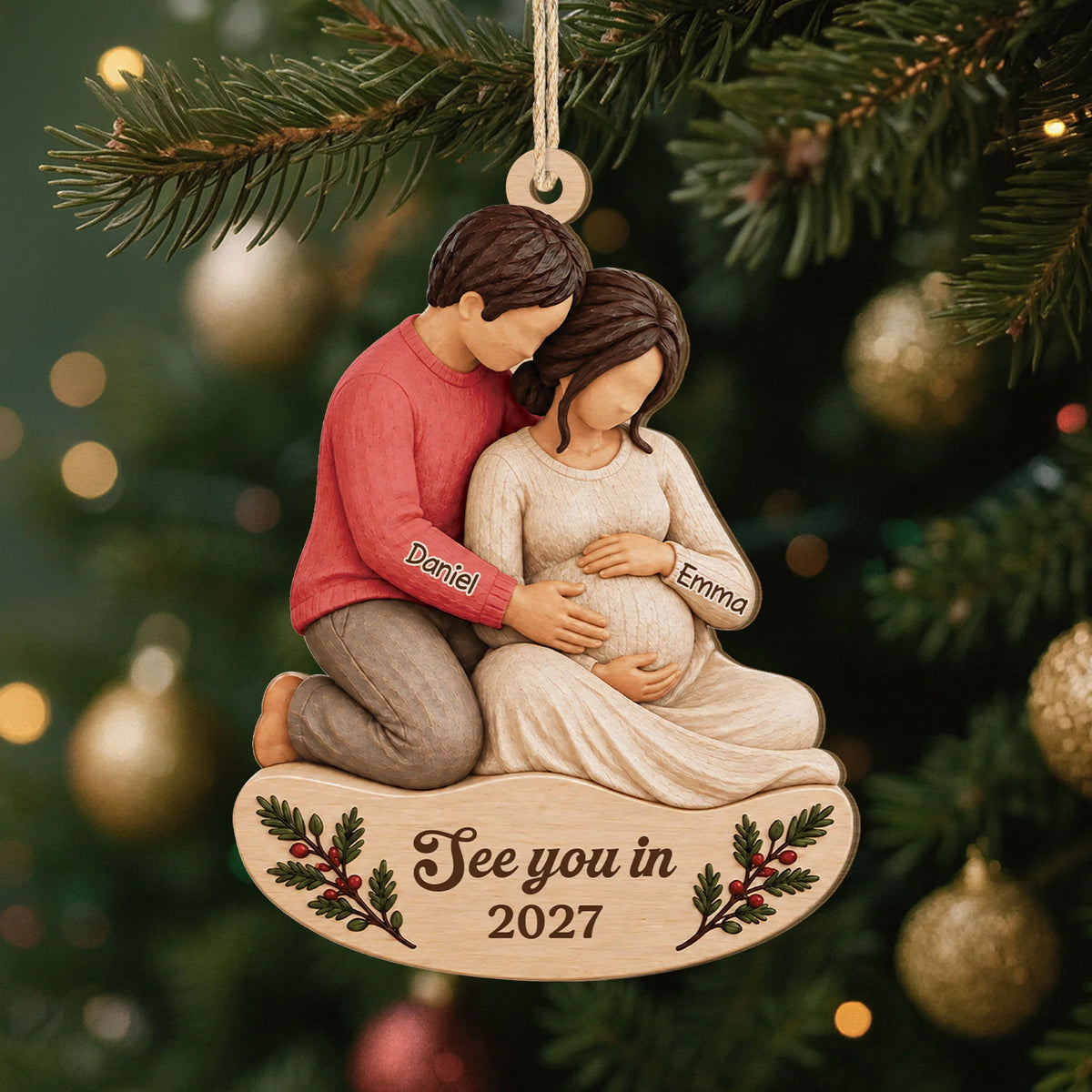 See You in 2027 Expecting Parents - Personalized Wooden Ornament for Mom & Dad to Be