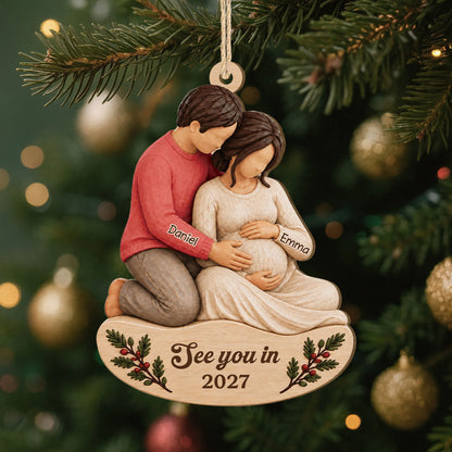 See You in 2027 Expecting Parents - Personalized Wooden Ornament for Mom & Dad to Be