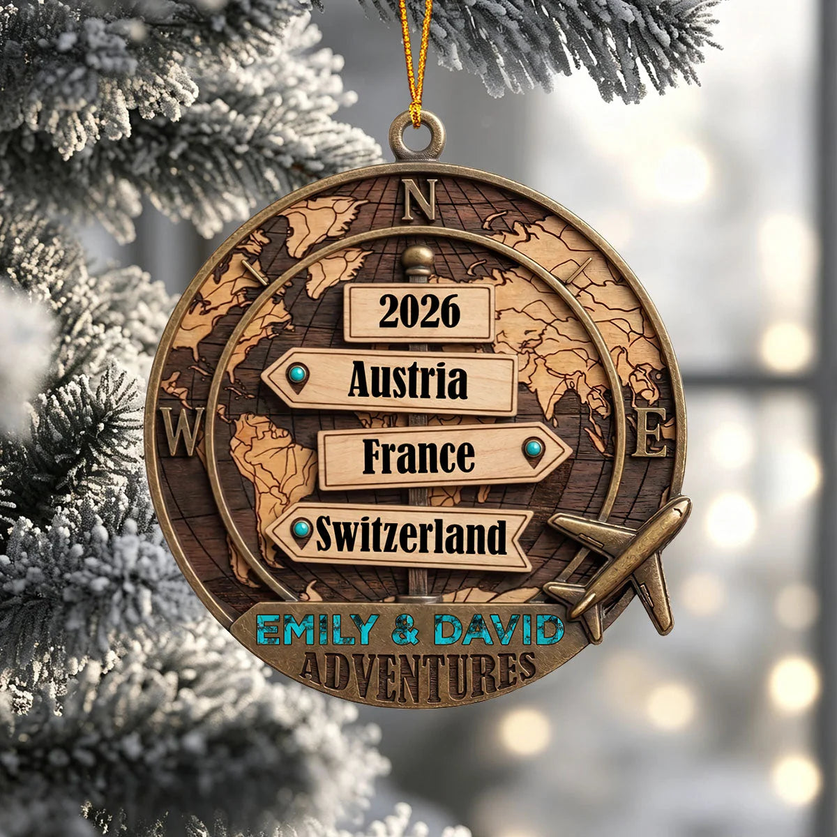 Personalized Travel Wooden Ornament - Custom World Map Keepsake