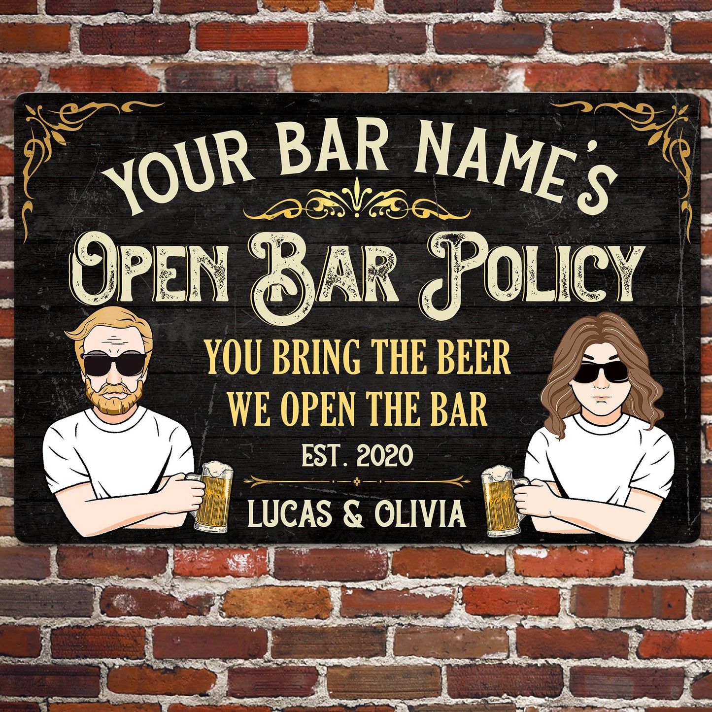 Custom Open Bar Policy Metal Sign personalization view for Couples