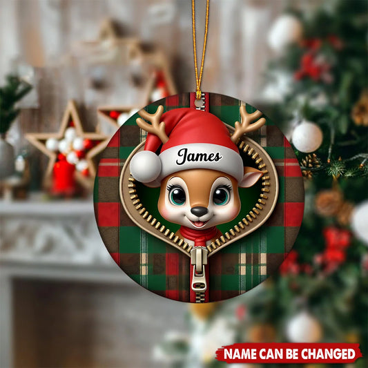 Funny Peeking Reindeer Plaid Zipper Personalized Ceramic Ornament - Christmas Gift for Kids