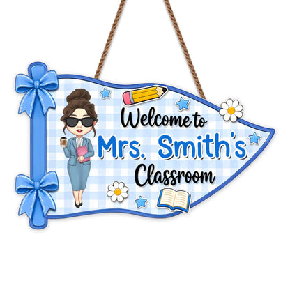 Personalized teacher classroom sign shaped like a blue pennant with a custom avatar and name image 7