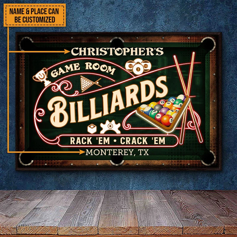 Rack 'Em Crack 'Em Personalized Billiards Game Room Poster / Canvas - Custom Pool Table Sign Wall Art decor for Dad