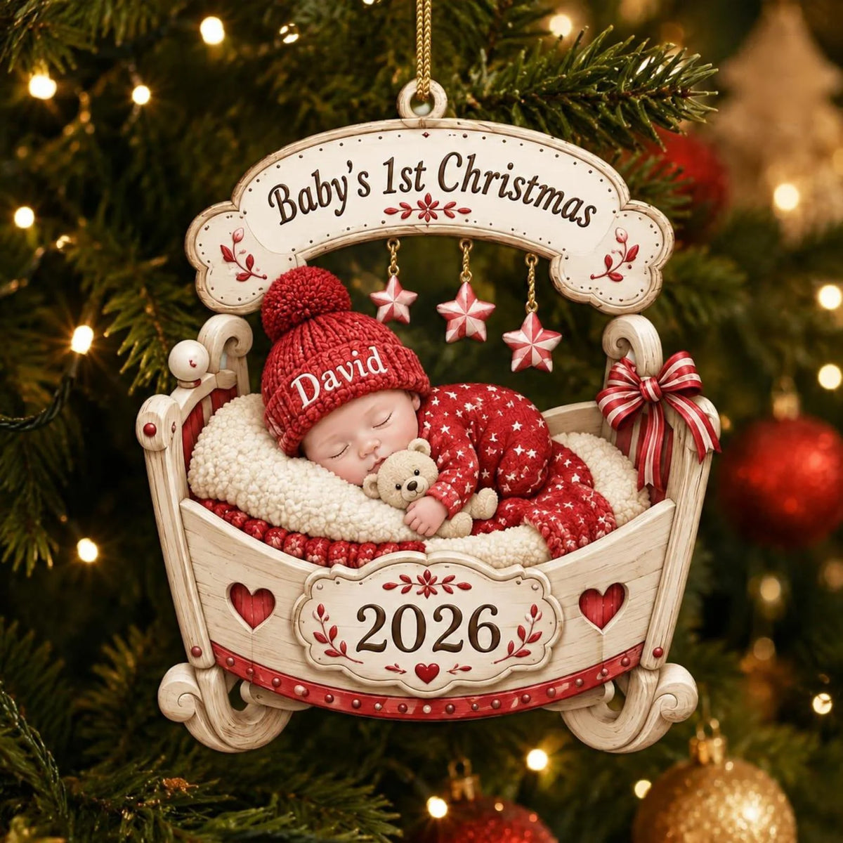 Baby's 1st Christmas Personalized Sleeping Baby in Cradle Ornament - Custom Keepsake Gift for Parents