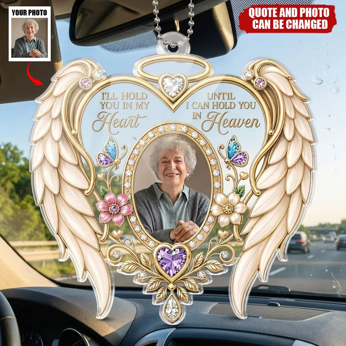 I'll Hold You In My Heart Personalized Photo Acrylic Car Ornament - Custom Memorial Angel Wings Bereavement Gift