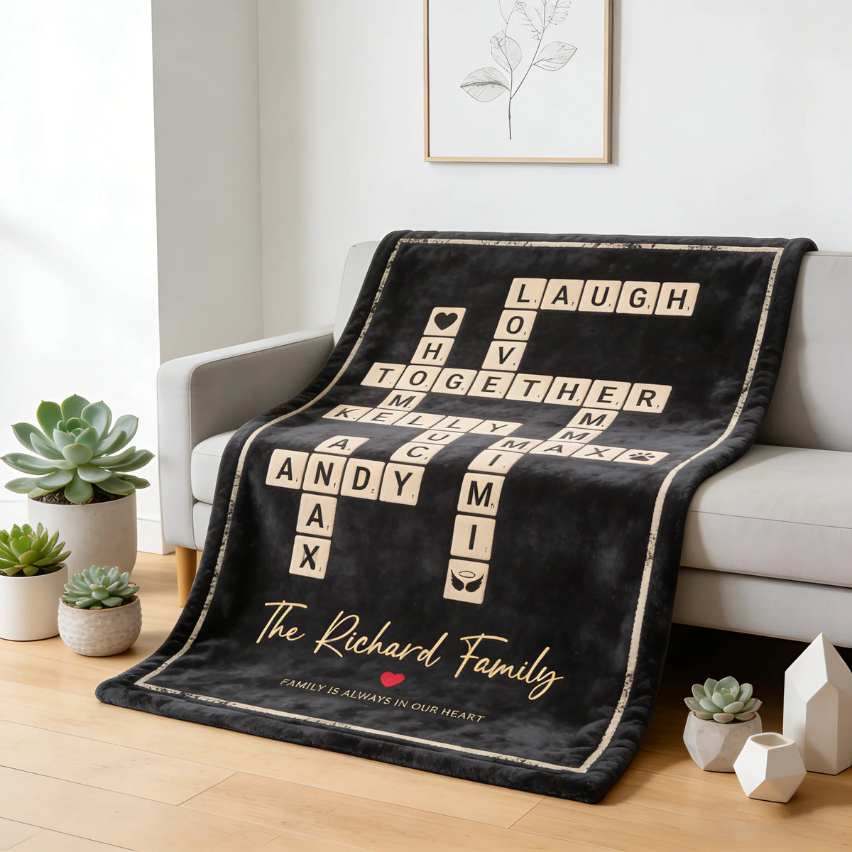 Custom Crossword Family Names Blanket - Personalized Scrabble Tile Throw for Mom