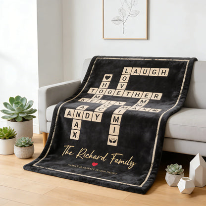 Custom Crossword Family Names Blanket - Personalized Scrabble Tile Throw for Mom