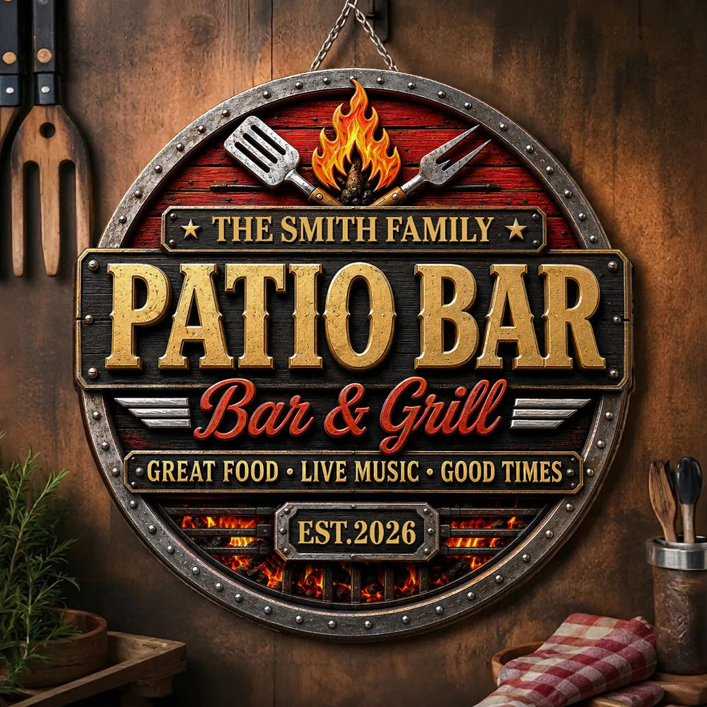Patio Bar & Grill Personalized Wood Sign - Custom Backyard BBQ Sign Decor