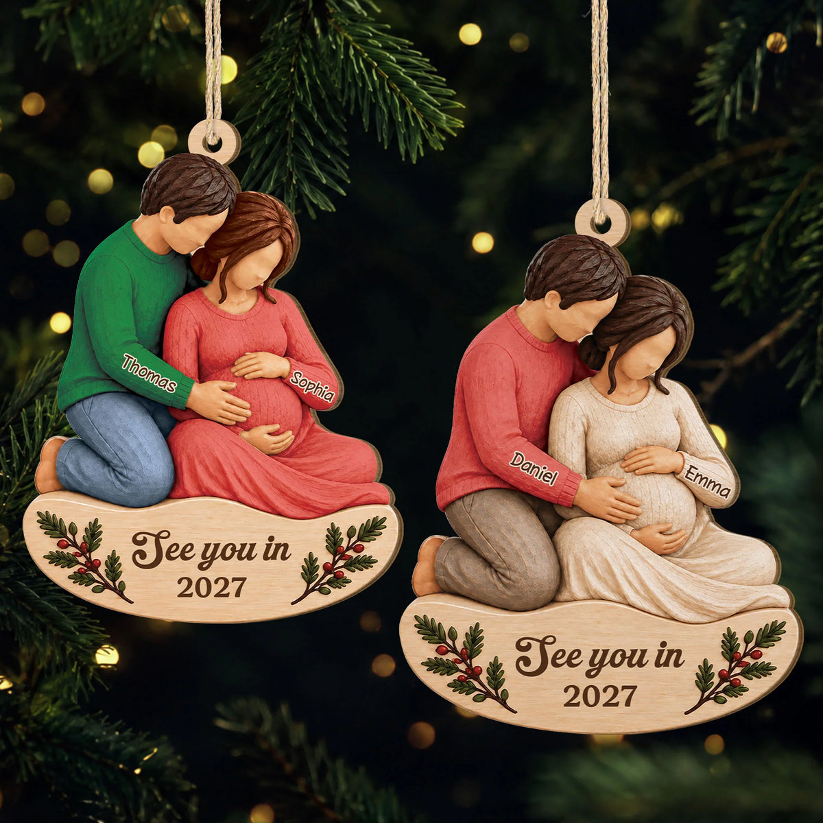See You in 2027 Expecting Parents - Personalized Wooden Ornament for Mom & Dad to Be