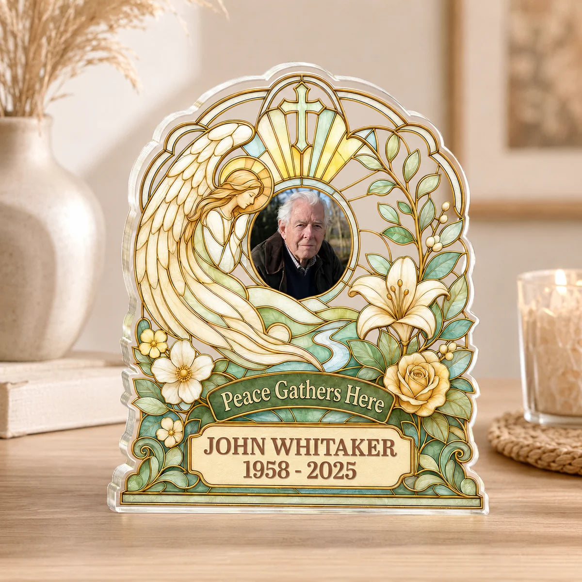 Peace Gathers Here Custom Memorial Plaque - Personalized Acrylic Angel Keepsake for Family