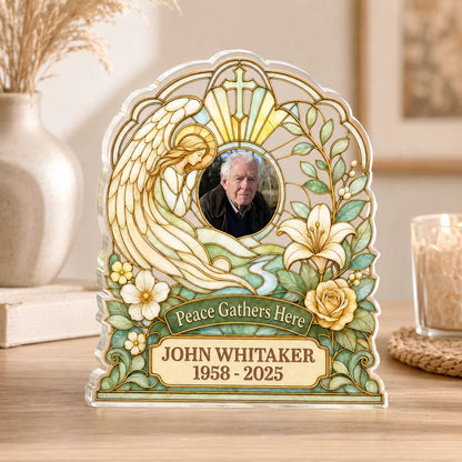 Peace Gathers Here Custom Memorial Plaque - Personalized Acrylic Angel Keepsake for Family