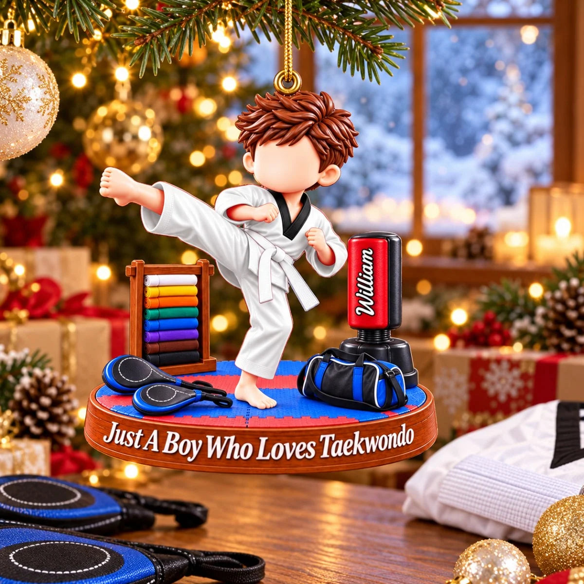 Just A Boy Who Loves Taekwondo Personalized Christmas Ornament - Custom Martial Arts Keepsake Gift for Kids