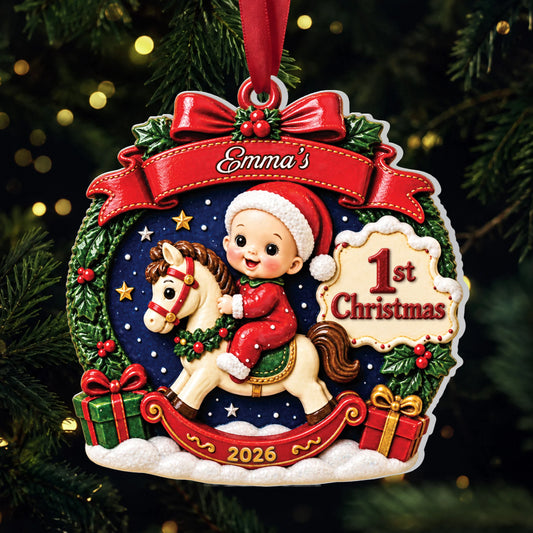 Baby's First Christmas Rocking Horse Ornament - Personalized Acrylic Keepsake Gift for Newborns