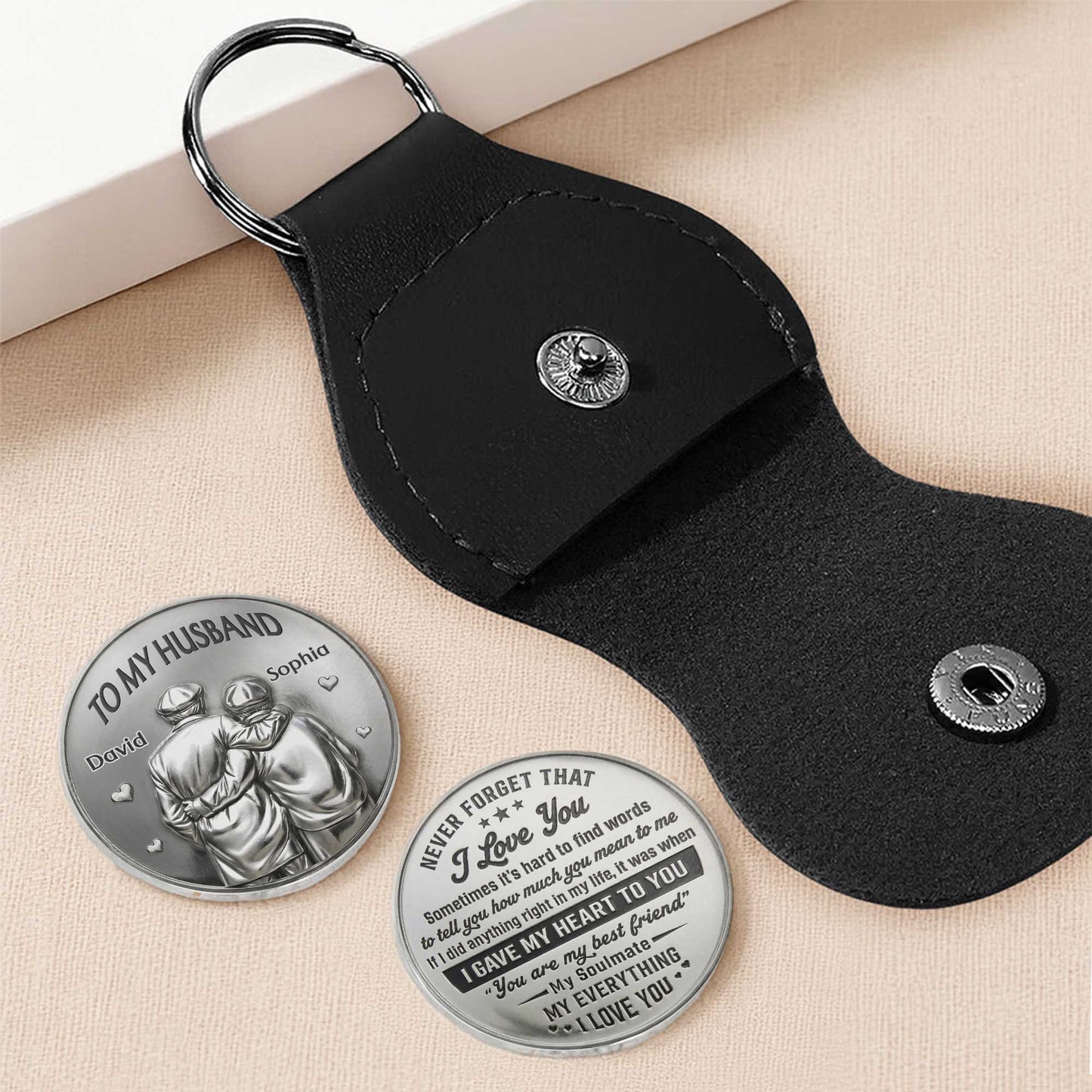 Personalized husband pocket hug token with custom names David and Sophia in a leather keychain sleeve image 6