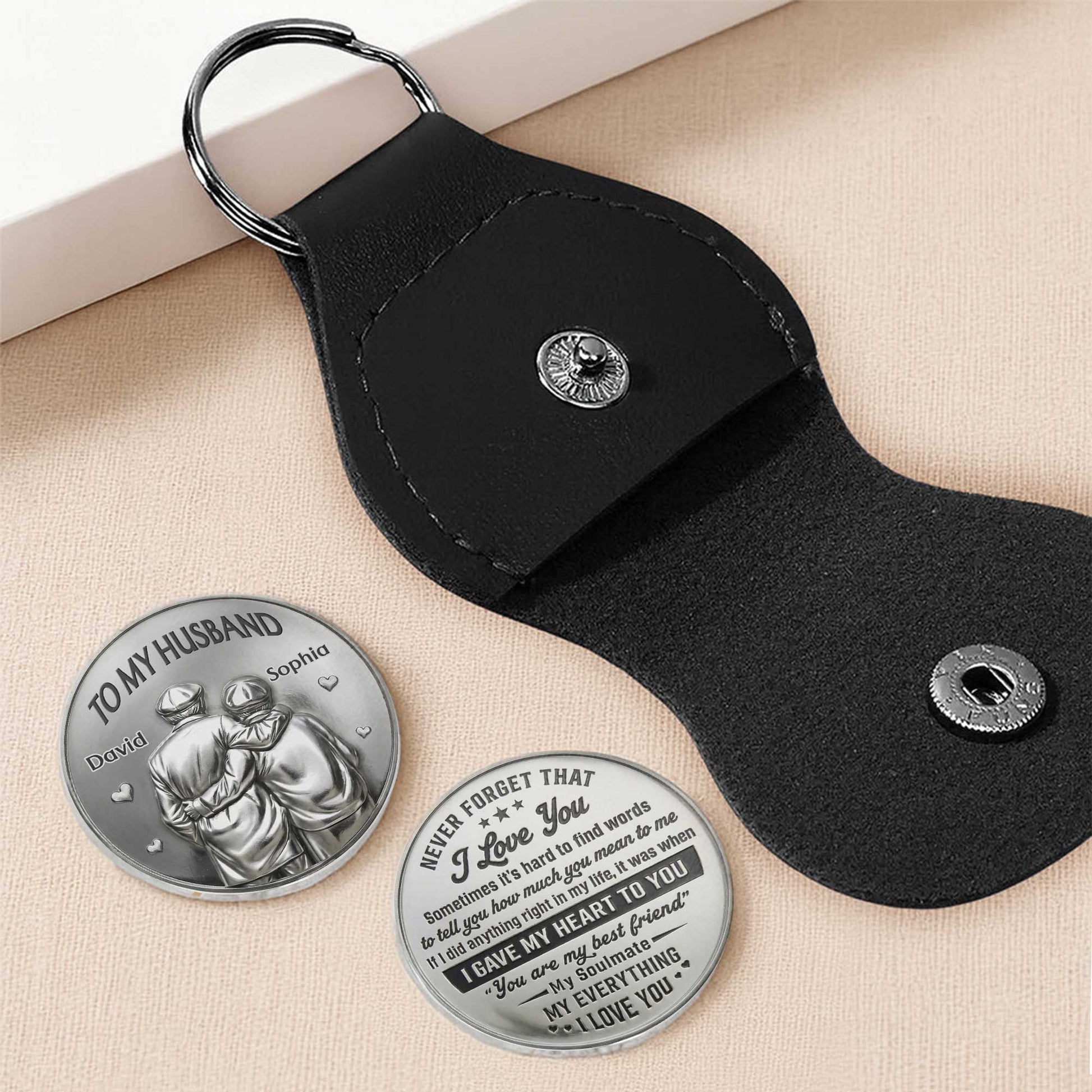 Personalized husband pocket hug token with custom names David and Sophia in a leather keychain sleeve image 6