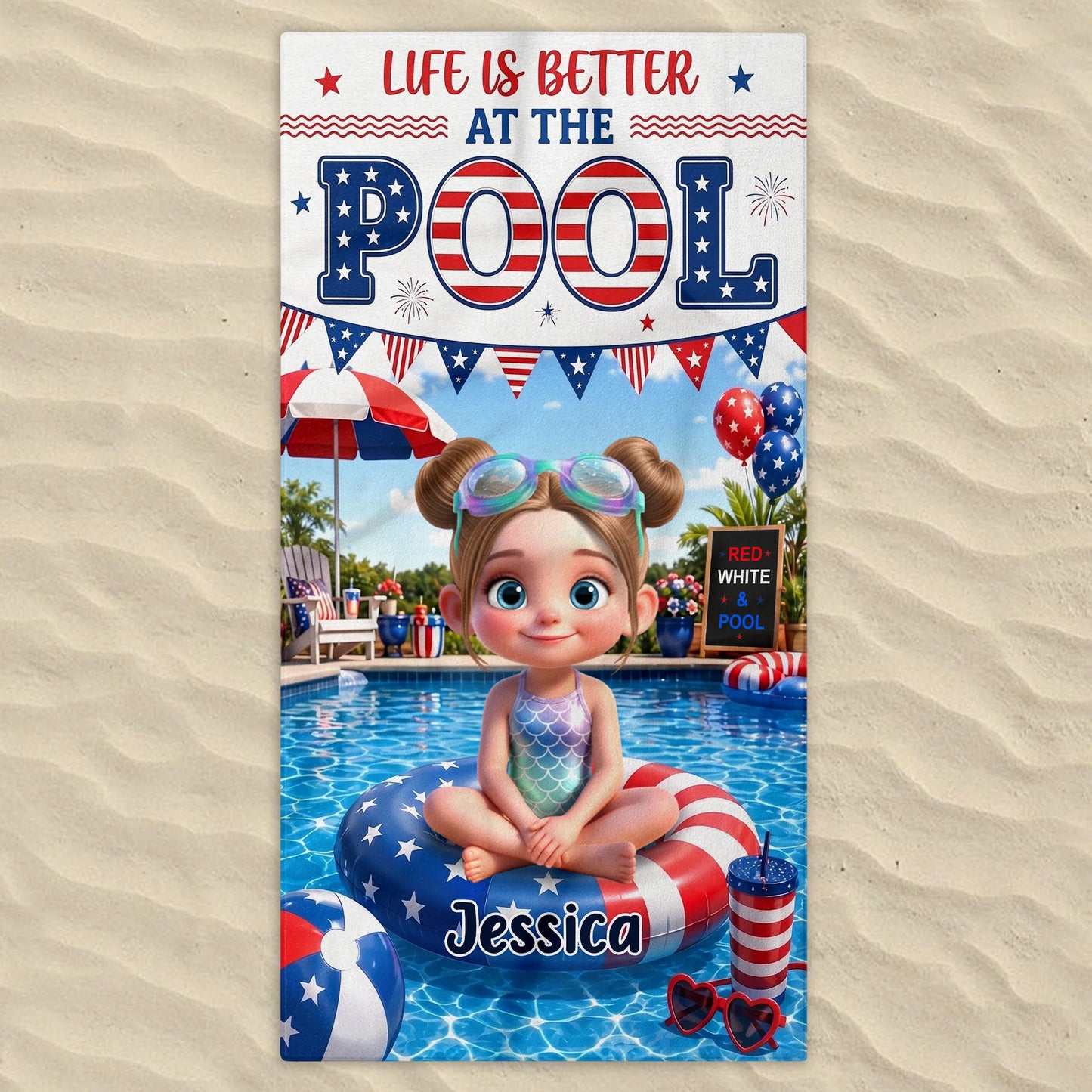 Personalized Patriotic Girl Pool Beach Towel personalization view for Daughter/Granddaughter