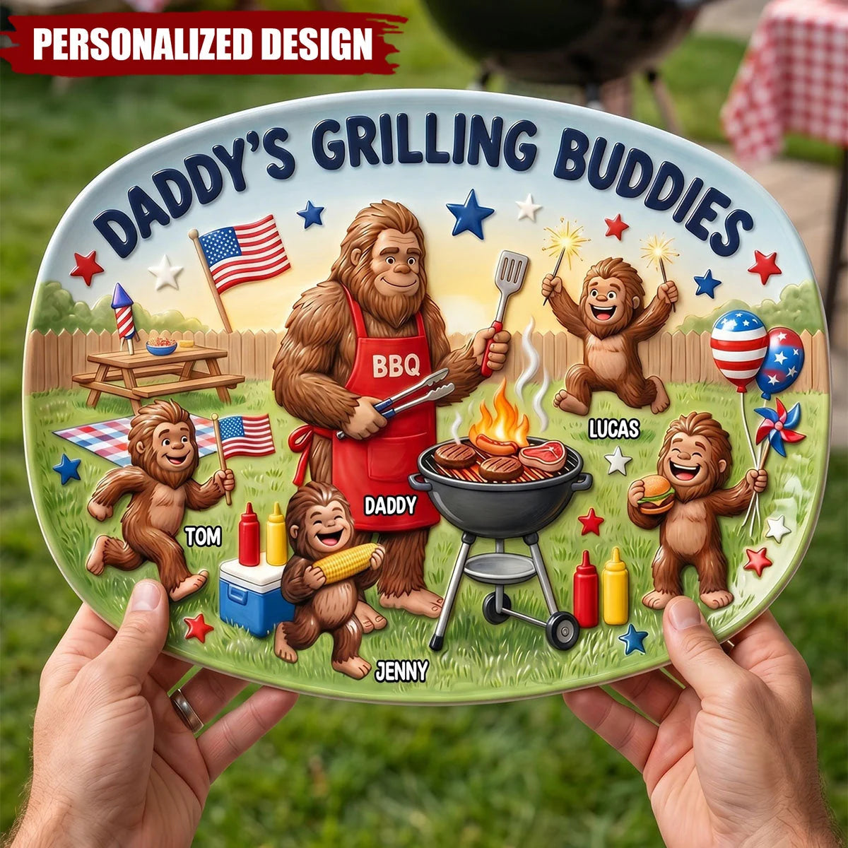"Daddy's Grilling Buddies" Personalized Grill Platter - Custom Bigfoot BBQ Serving Plate