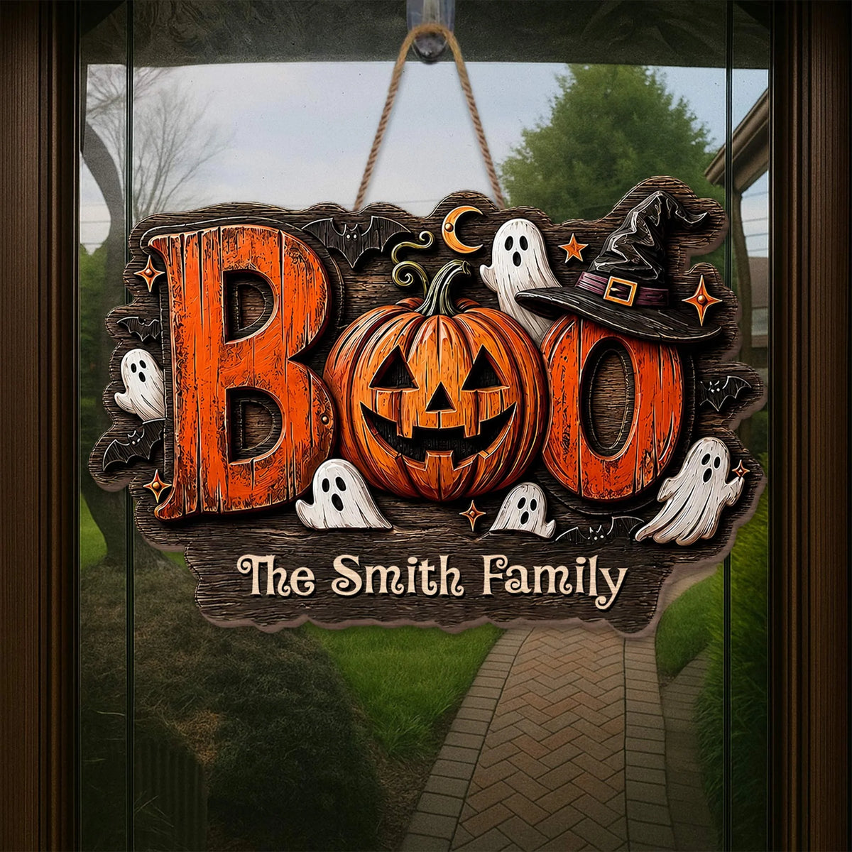 BOO Our Family Spooky Pumpkin and Ghost Personalized Wood Sign - Custom Halloween Home Decor