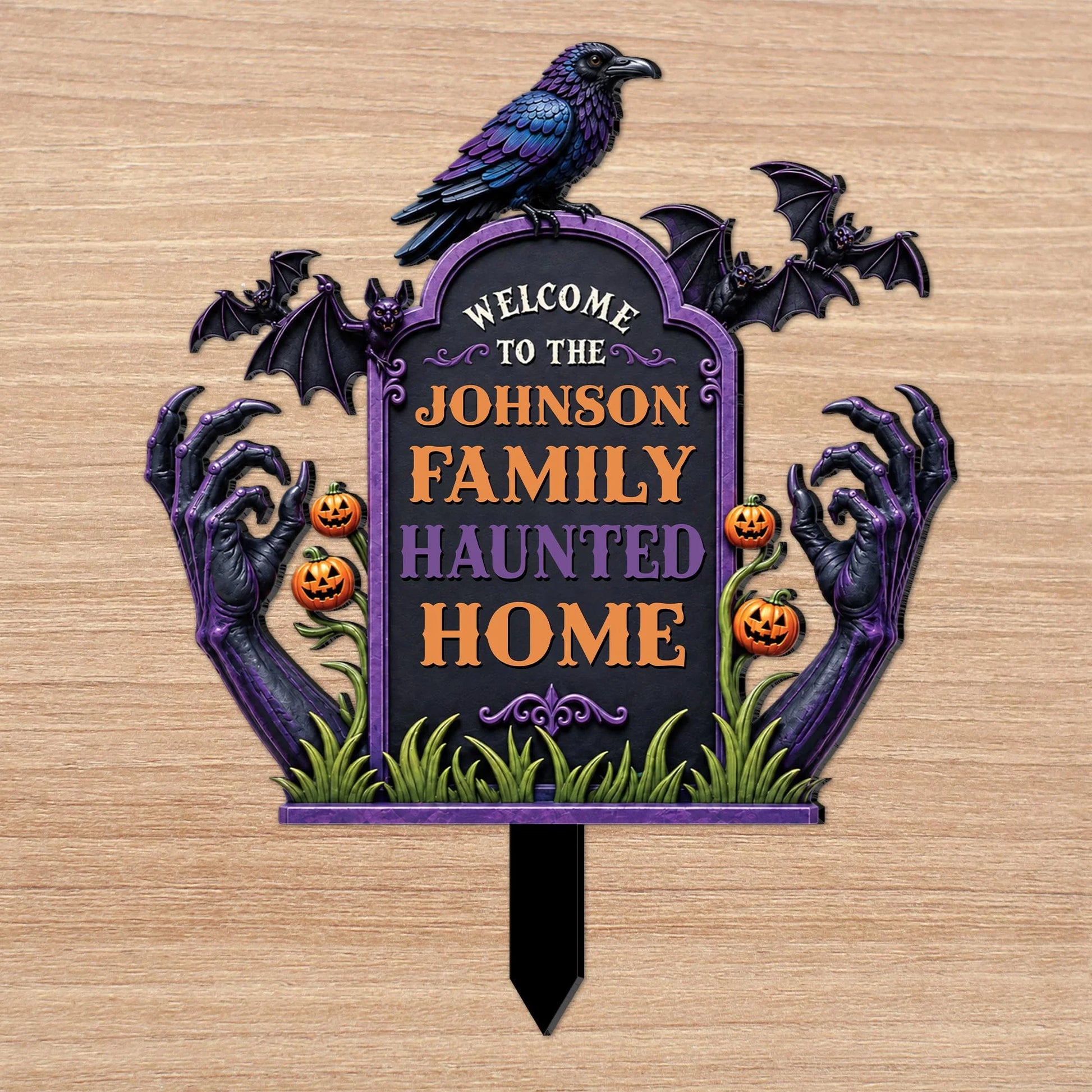 Welcome To Our Haunted Home - Personalized Halloween Metal Garden Stake Sign for Family Yard Decor