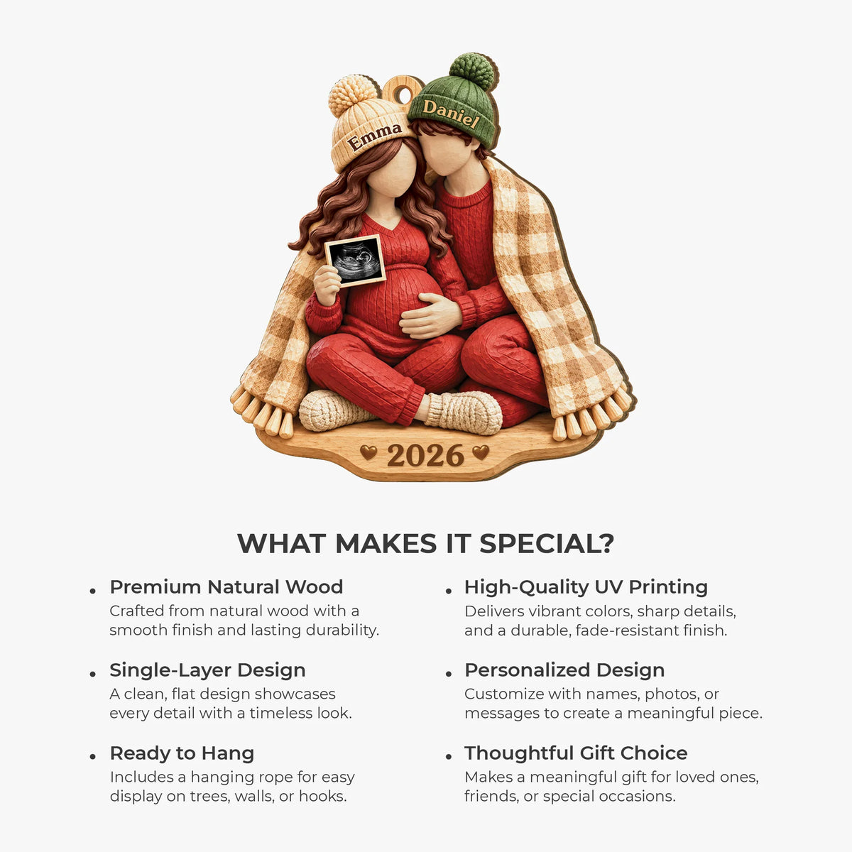 Expecting Couple Personalized Wooden Ornament - Custom Ultrasound Keepsake Gift for New Parents