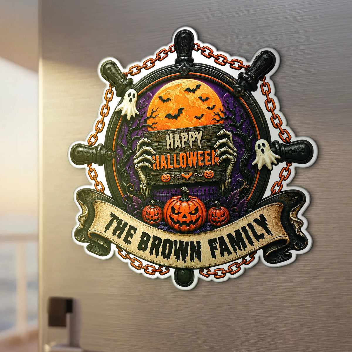 "Happy Halloween" Ship Wheel Personalized Acrylic Magnet - Refrigerator Decor for Family