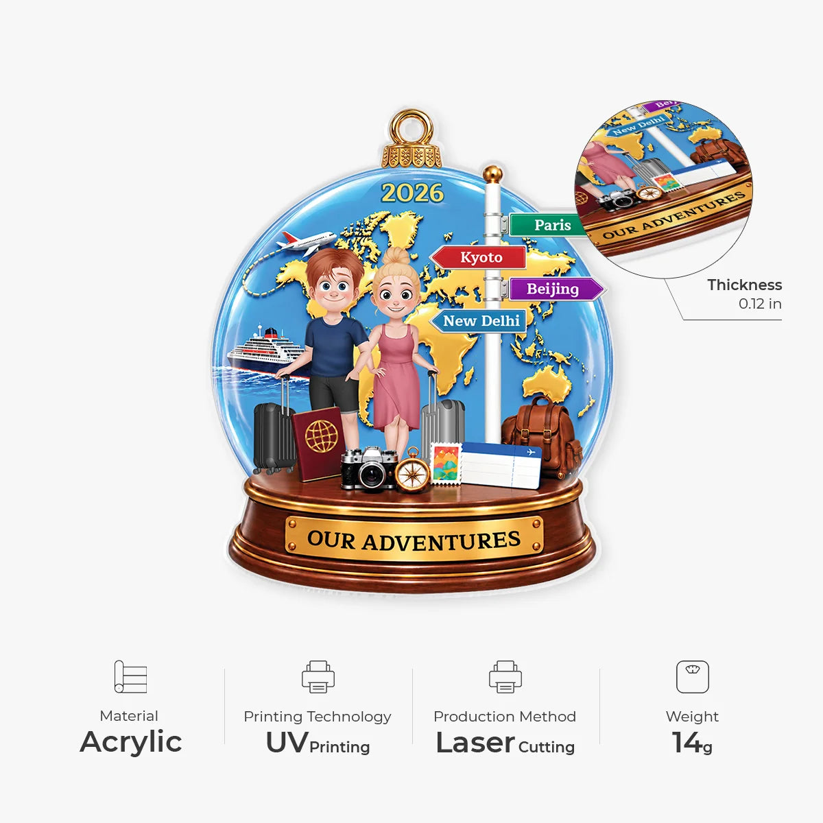 Our Adventures Personalized Acrylic Ornament - Couples Travel Vacation Keepsake