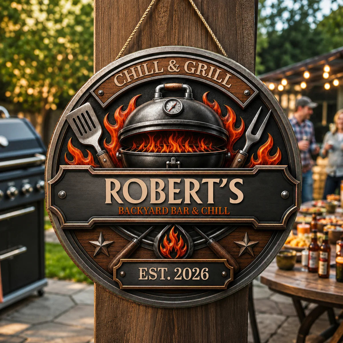 Chill & Grill Personalized Backyard BBQ Wood Sign - Custom Patio Decor for Dad & Husband