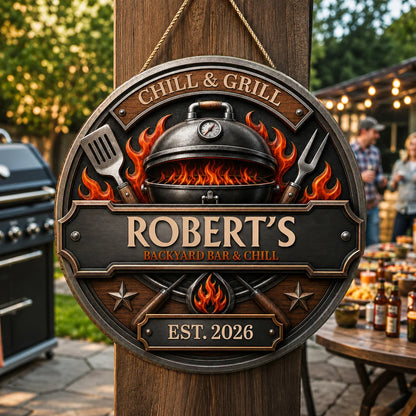 Chill & Grill Personalized Backyard BBQ Wood Sign - Custom Patio Decor for Dad & Husband
