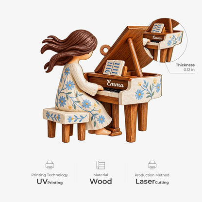 Floral Grand Piano Girl Personalized Wooden Ornament - Christmas Keepsake Gift for Pianist Music Teacher