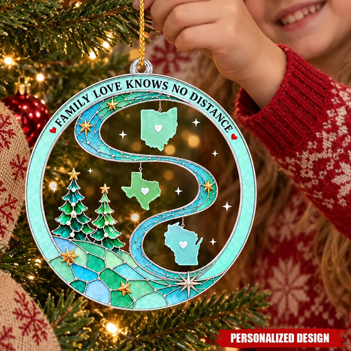 "Family Love Knows No Distance" Personalized Acrylic Ornament - Christmas for Family