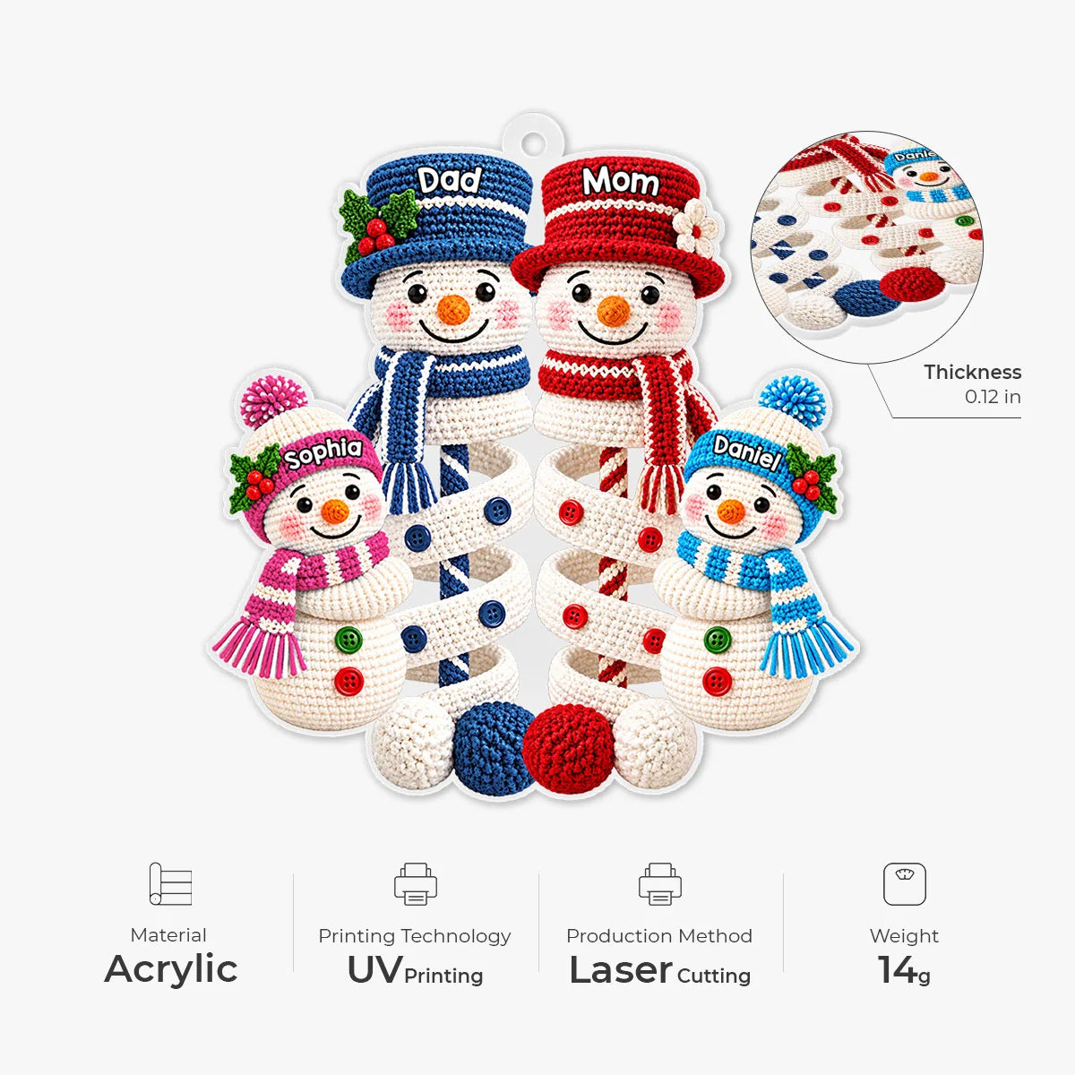 Snowman Family Knit Pattern Personalized Acrylic Ornament - Christmas Gift for Mom and Dad