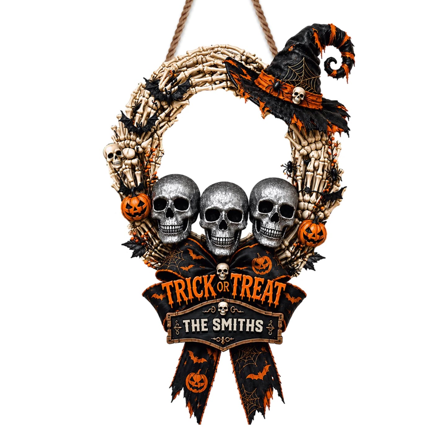 Trick Or Treat Skulls Witch Hat Custom Family Name Wood Sign - Personalized Halloween Decor