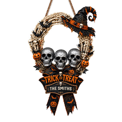 Trick Or Treat Skulls Witch Hat Custom Family Name Wood Sign - Personalized Halloween Decor
