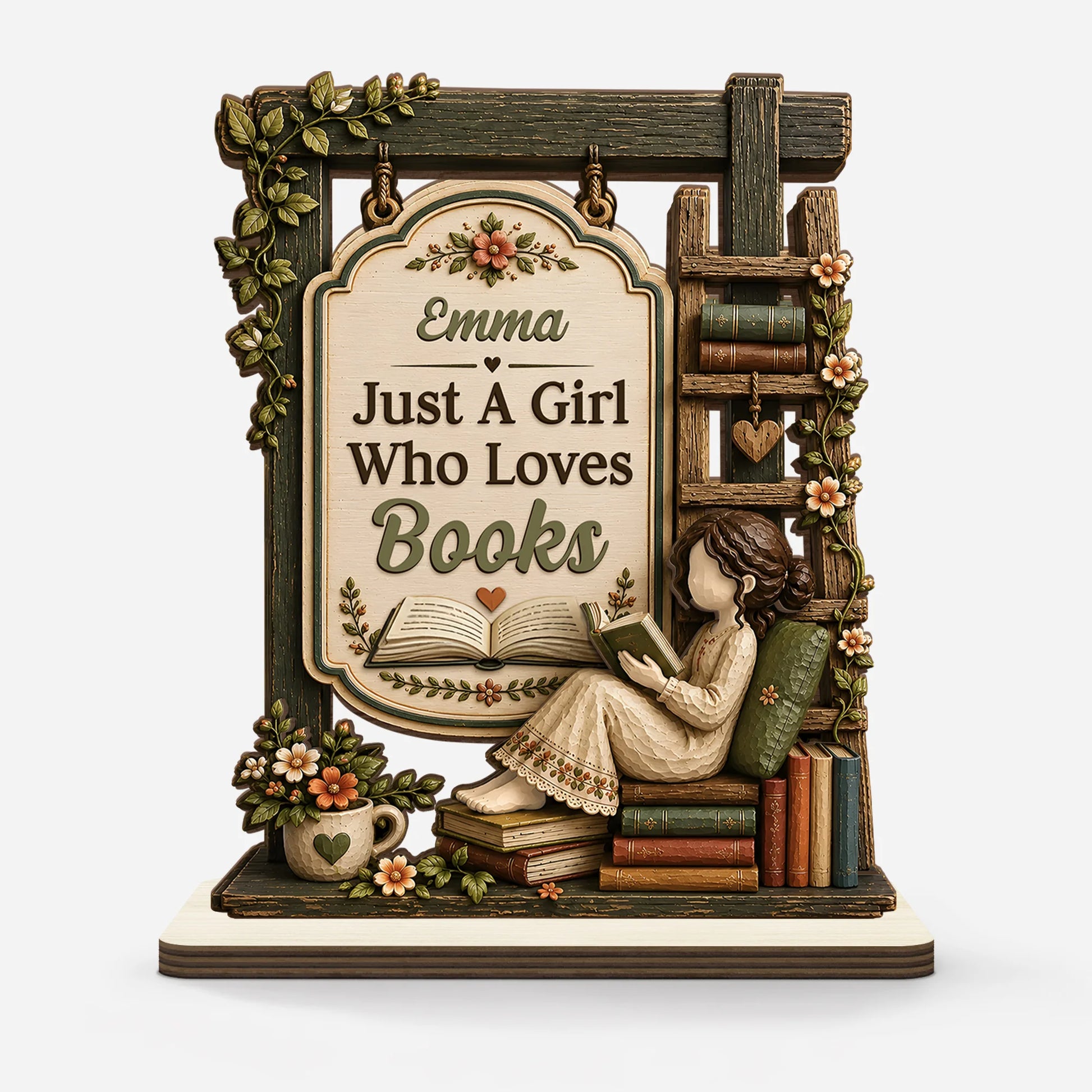 Just A Girl Who Loves Books Personalized Wooden Plaque - Custom Bookworm Desk Decor Gift