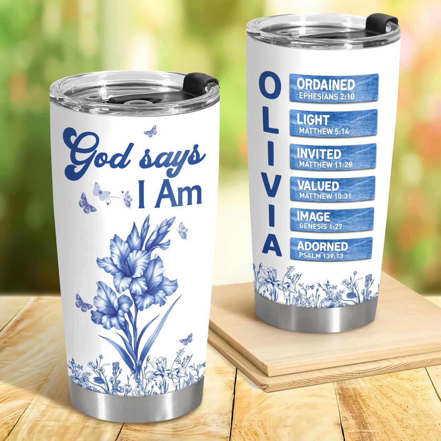 "God Says I Am" Personalized Tumbler - Floral Christian Bible Verse Name Cup