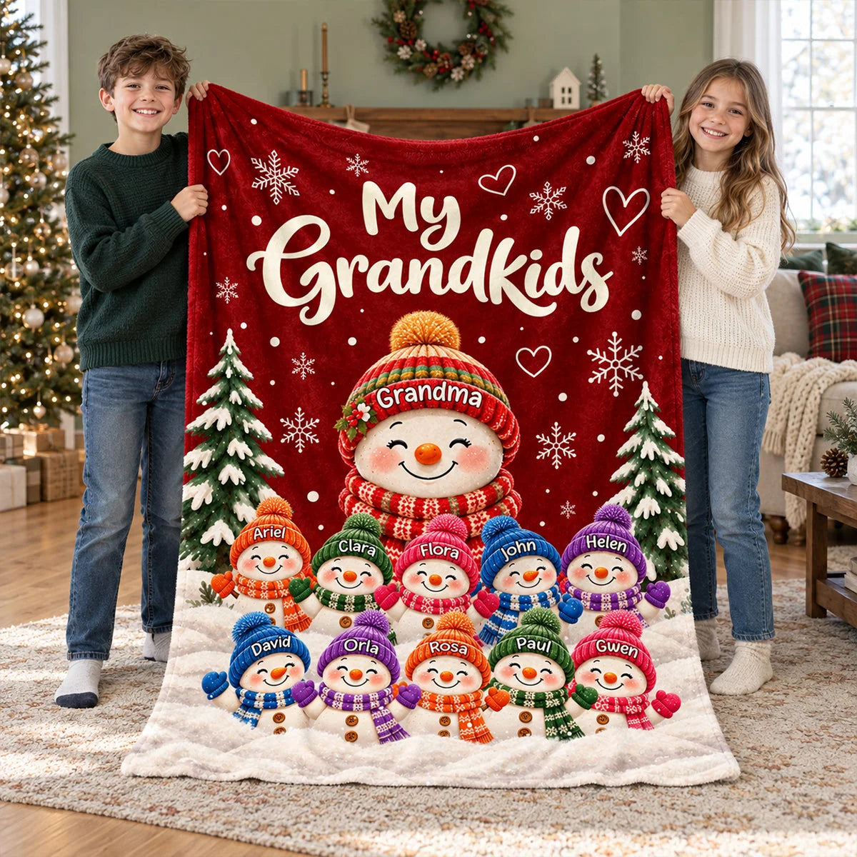 My Grandkids Personalized Snowman Blanket with Names - Custom Grandma Christmas Gift Throw