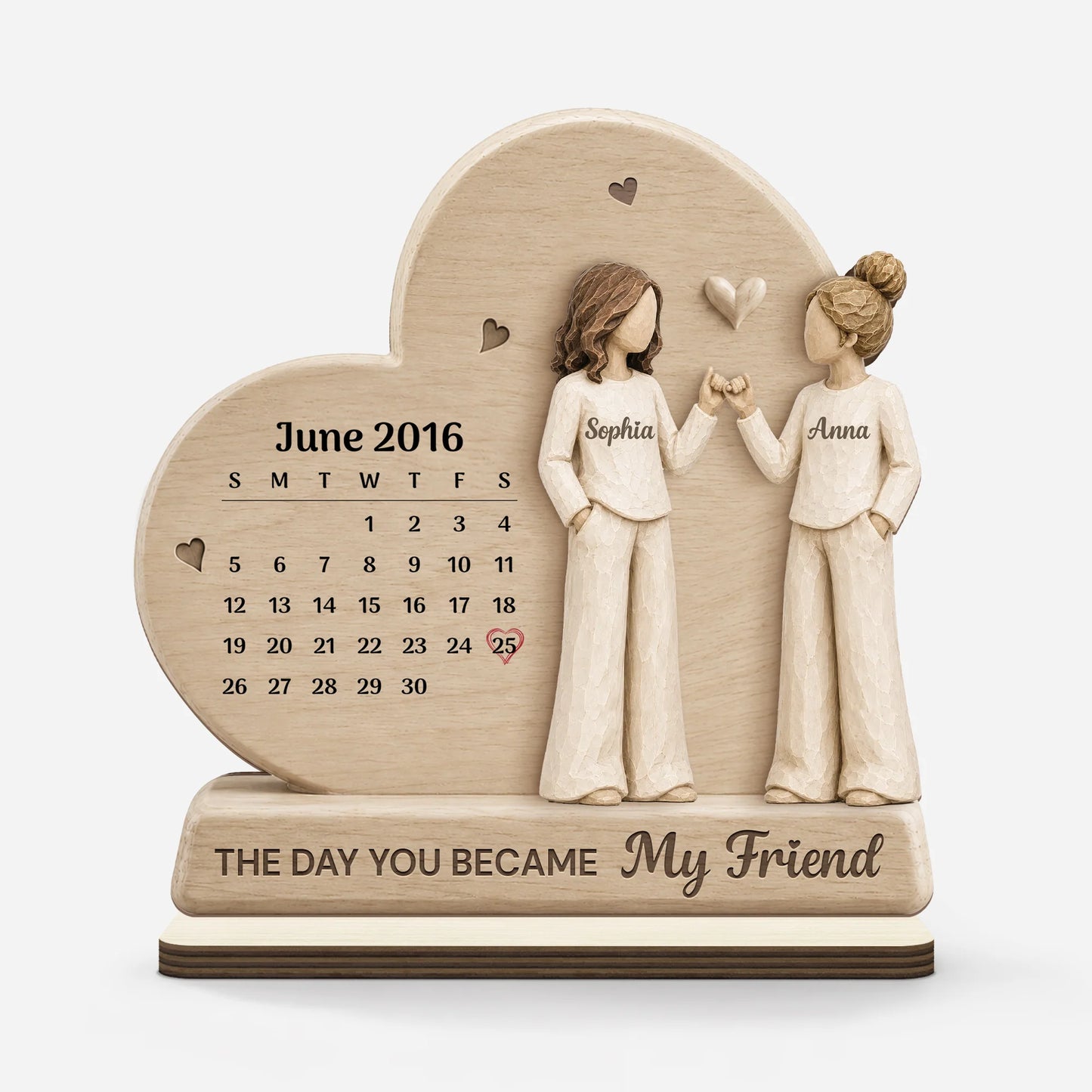 Personalized best friend gifts featuring a custom wooden calendar plaque with two willow-style figures