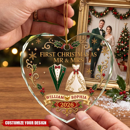 "First Christmas As Mr & Mrs" Personalized Glass Ornament - Keepsake for Newlywed Couples